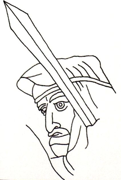 Würdenträger (Alexmosaik)T42A4.jpg - Hier gut sichtbar das sich zur Spitz hin verbreiternde Schwert, die Macheira.